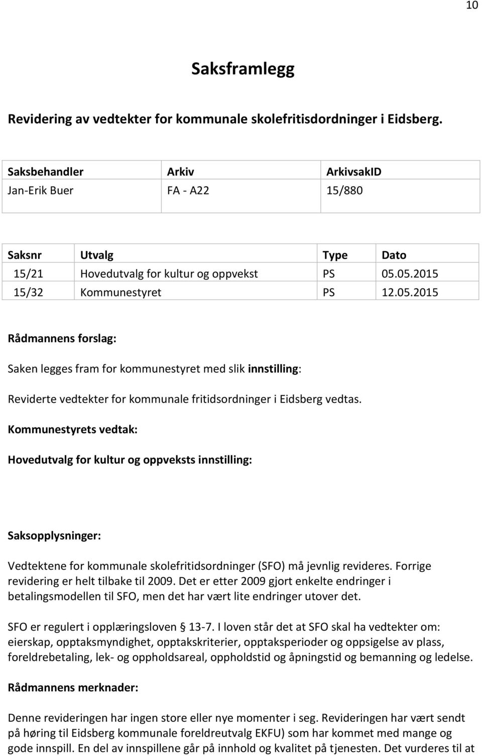 05.2015 15/32 Kommunestyret PS 12.05.2015 Rådmannens forslag: Saken legges fram for kommunestyret med slik innstilling: Reviderte vedtekter for kommunale fritidsordninger i Eidsberg vedtas.