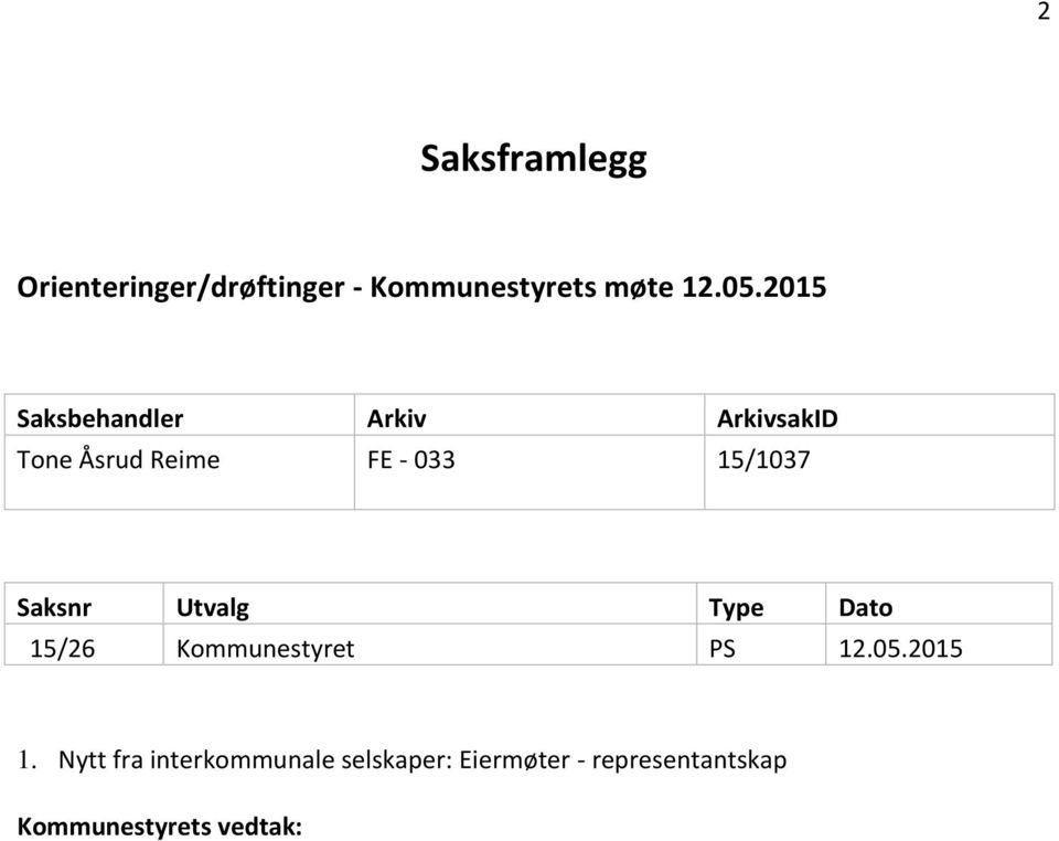 Saksnr Utvalg Type Dato 15/26 Kommunestyret PS 12.05.2015 1.