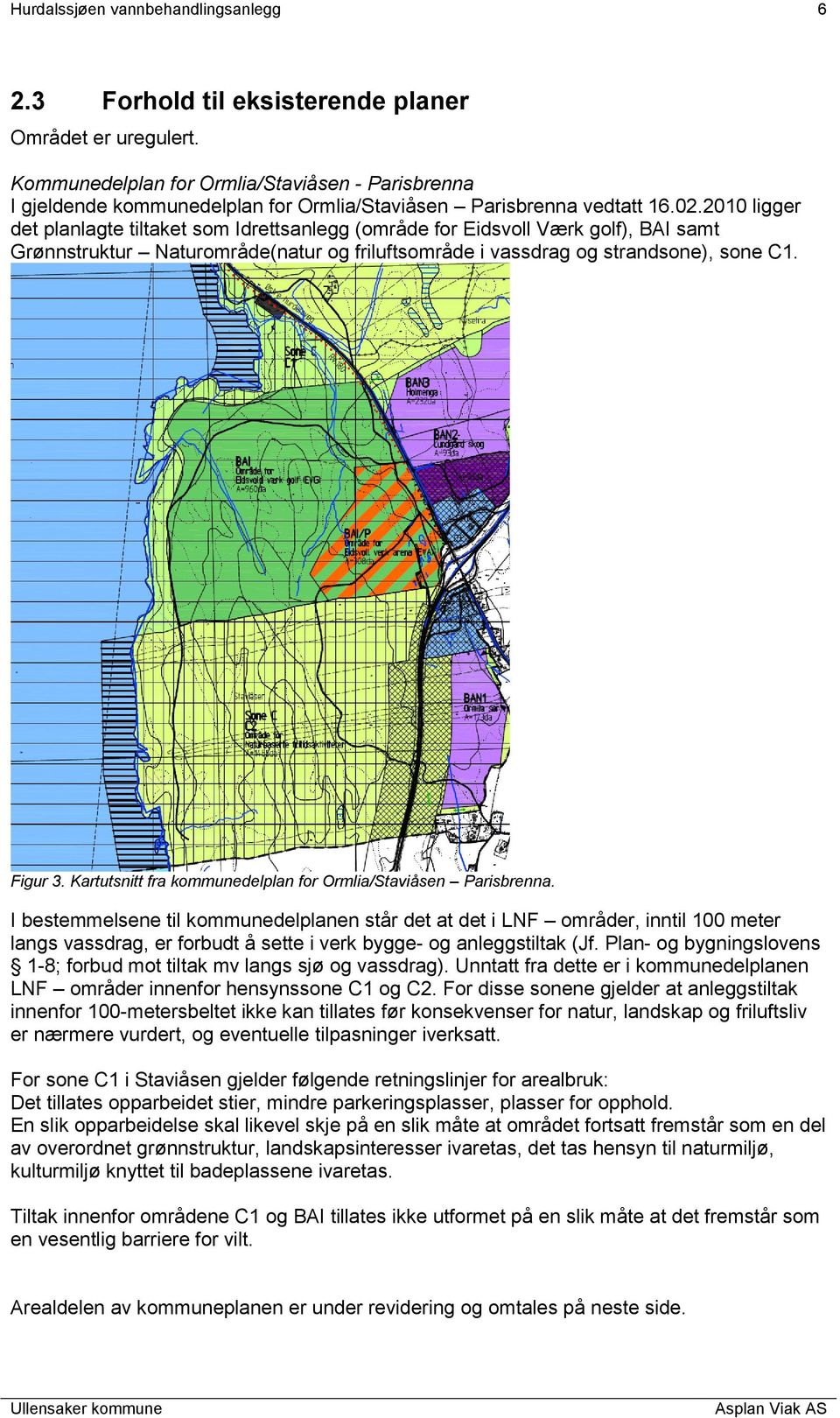 2010 ligger det planlagte tiltaket som Idrettsanlegg (område for Eidsvoll Værk golf), BAI samt Grønnstruktur Naturområde(natur og friluftsområde i vassdrag og strandsone), sone C1. Figur 3.