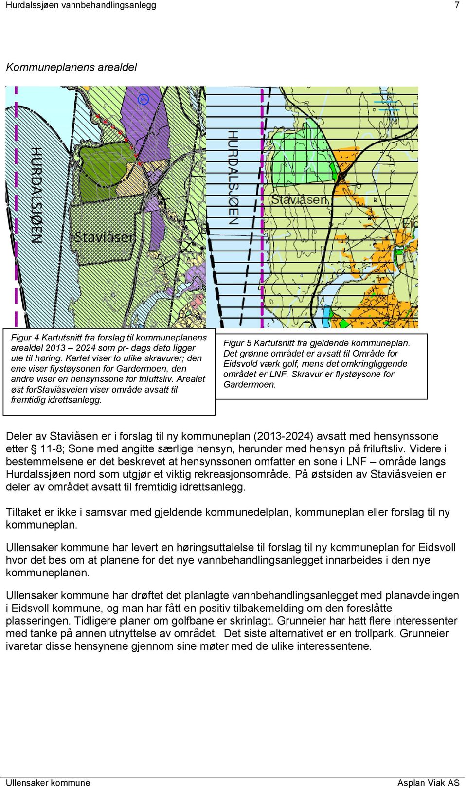 Figur 5 Kartutsnitt fra gjeldende kommuneplan. Det grønne området er avsatt til Område for Eidsvold værk golf, mens det omkringliggende området er LNF. Skravur er flystøysone for Gardermoen.