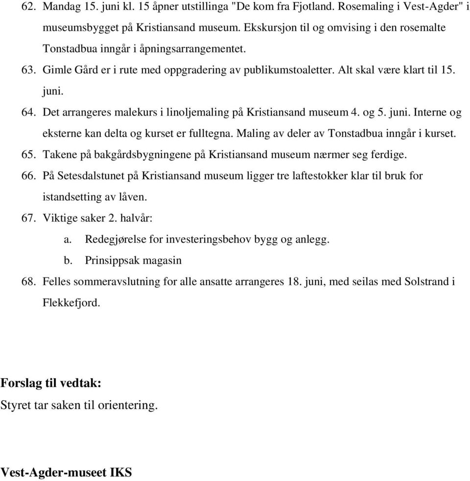 Det arrangeres malekurs i linoljemaling på Kristiansand museum 4. og 5. juni. Interne og eksterne kan delta og kurset er fulltegna. Maling av deler av Tonstadbua inngår i kurset. 65.