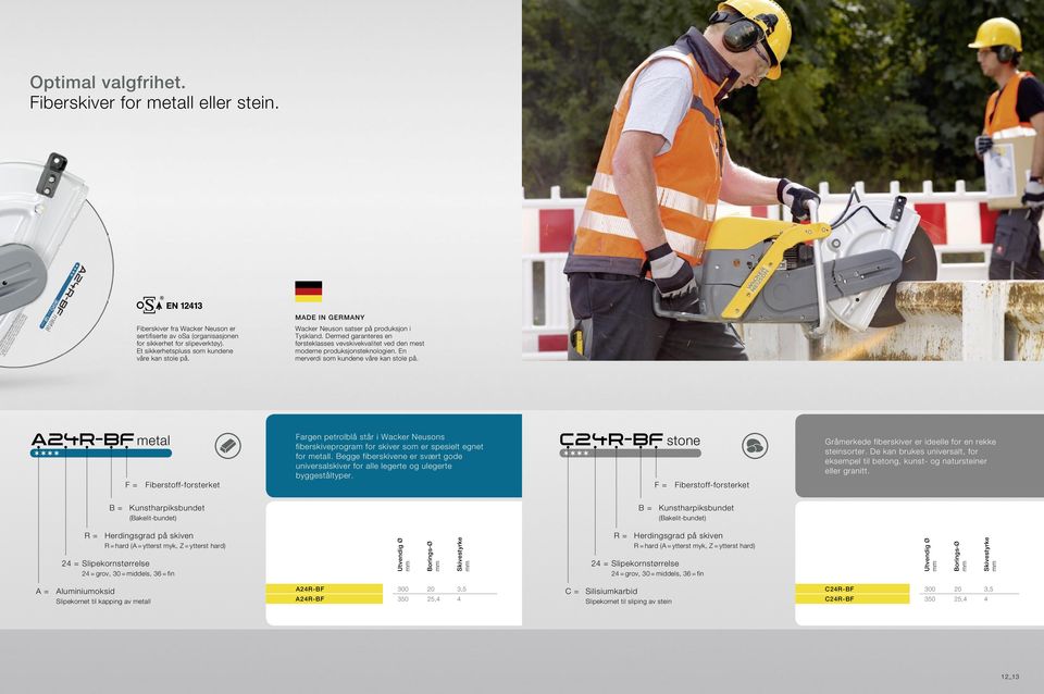 En merverdi som kundene våre kan stole på. A24R-BF metal F = Fiberstoff-forsterket Fargen petrolblå står i Wacker Neusons fiberskiveprogram for skiver som er spesielt egnet for metall.