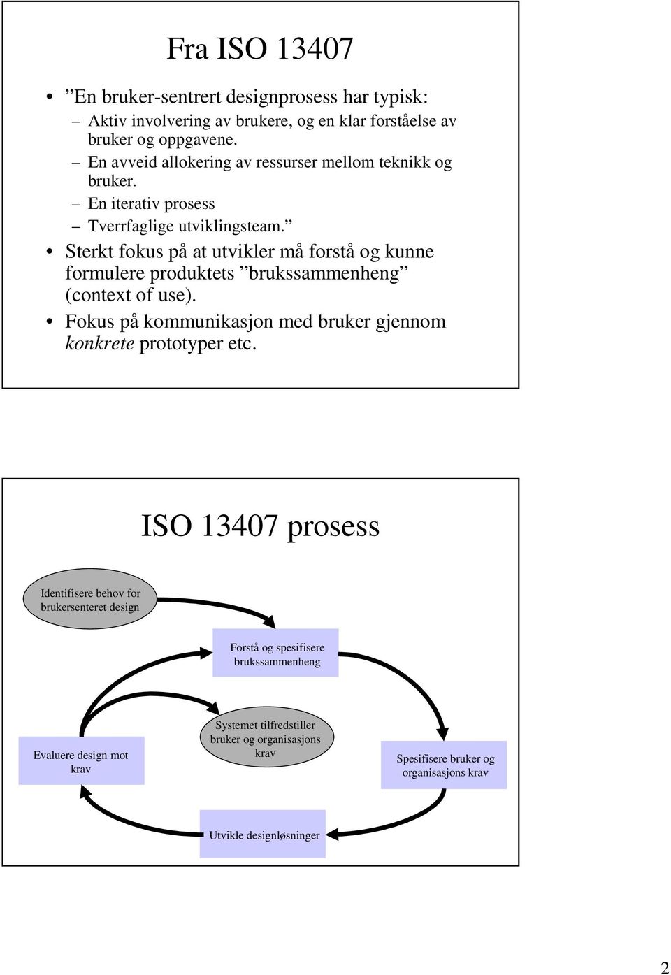 Sterkt fokus på at utvikler må forstå og kunne formulere produktets brukssammenheng (context of use).