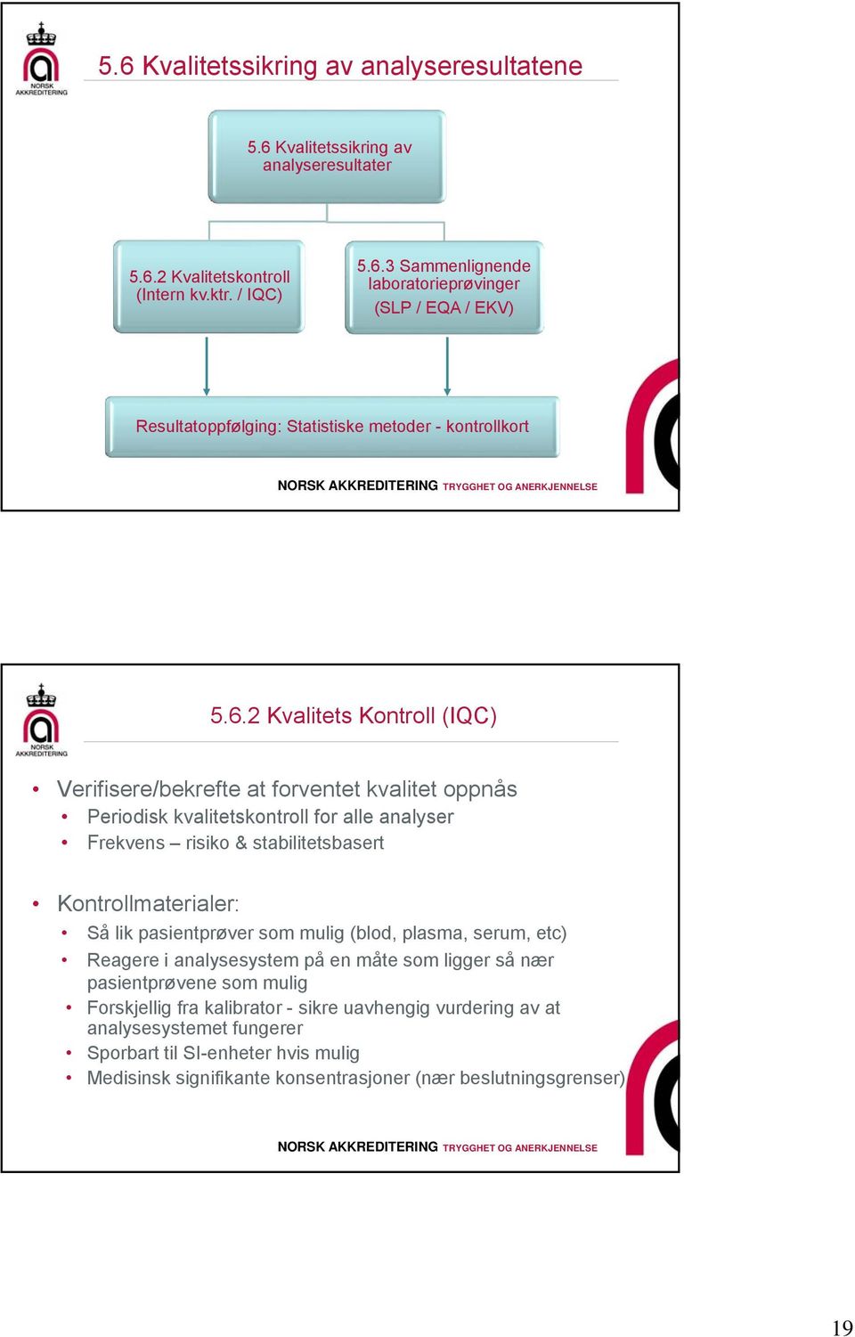 pasientprøver som mulig (blod, plasma, serum, etc) Reagere i analysesystem på en måte som ligger så nær pasientprøvene som mulig Forskjellig fra kalibrator - sikre uavhengig vurdering av