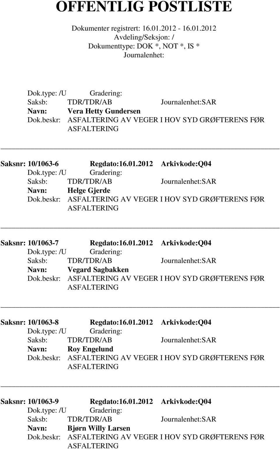 01.2012 Arkivkode:Q04 Roy Engelund Saksnr: 10/1063-9 Regdato:16.01.2012 Arkivkode:Q04 Bjørn Willy Larsen