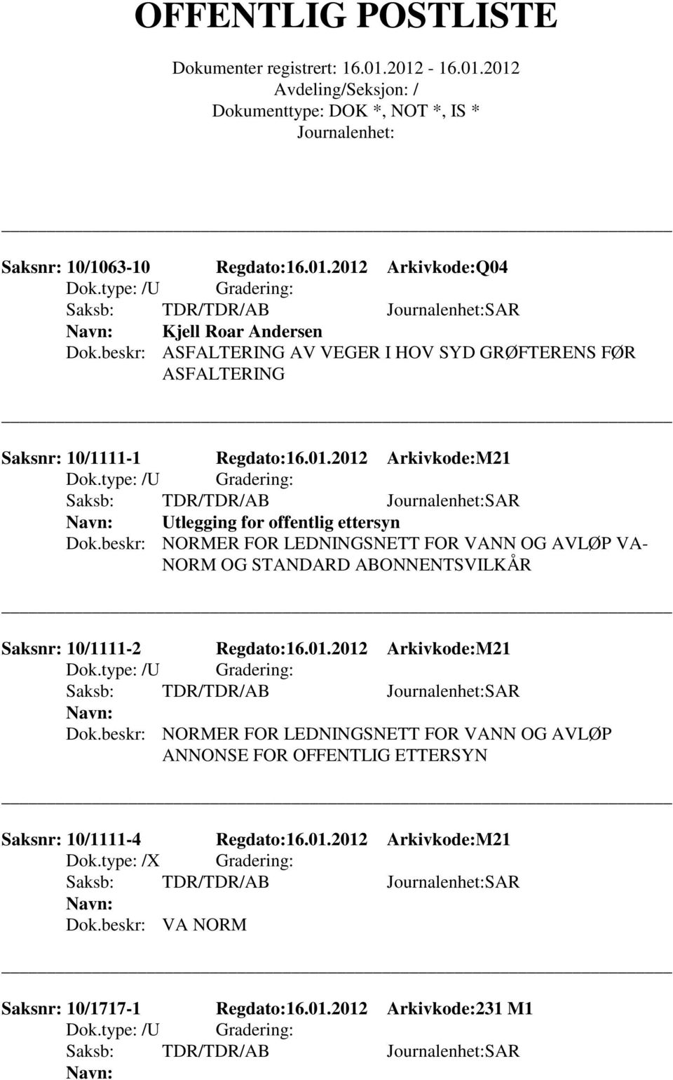 2012 Arkivkode:M21 Dok.beskr: NORMER FOR LEDNINGSNETT FOR VANN OG AVLØP ANNONSE FOR OFFENTLIG ETTERSYN Saksnr: 10/1111-4 Regdato:16.