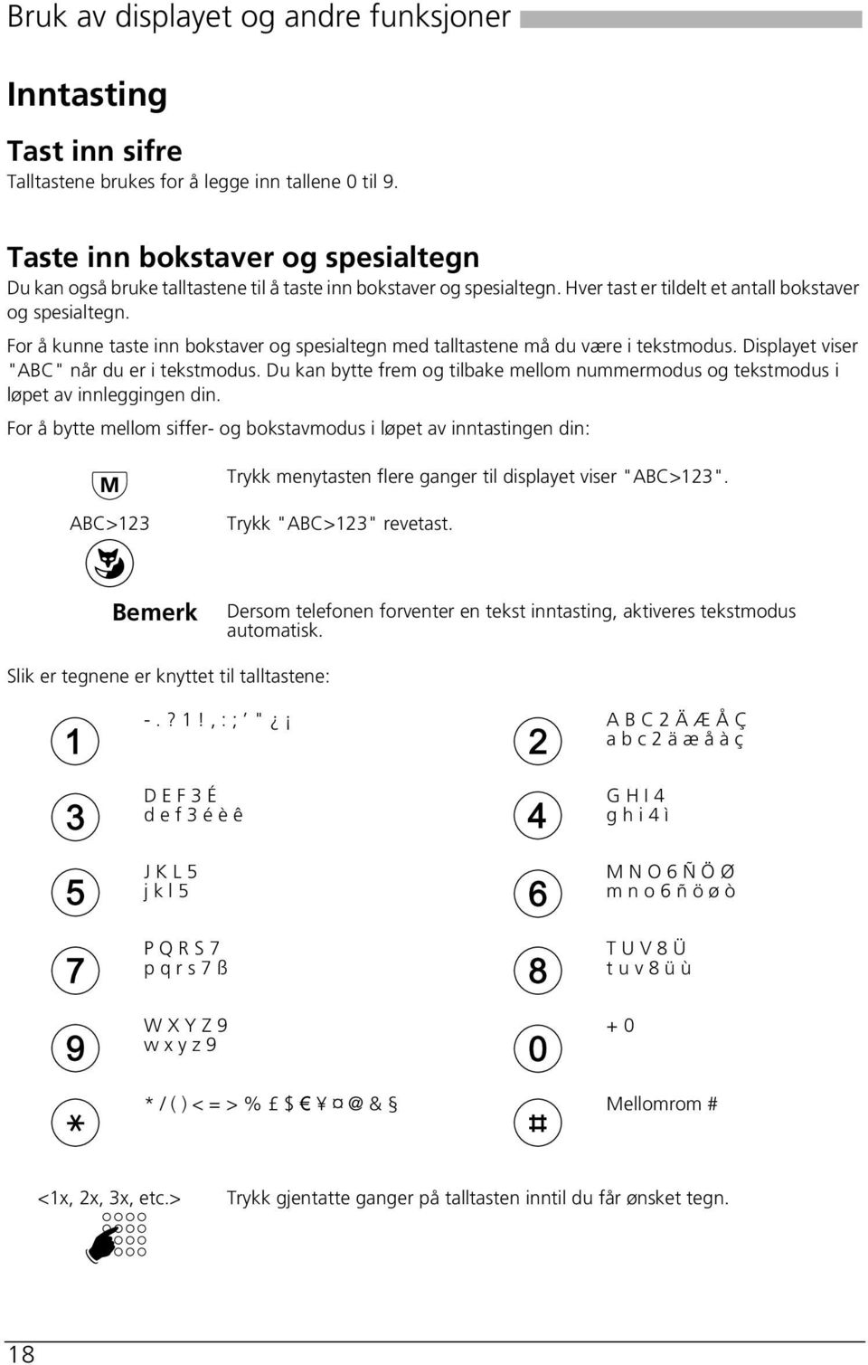 For å kunne taste inn bokstaver og spesialtegn med talltastene må du være i tekstmodus. Displayet viser "ABC" når du er i tekstmodus.