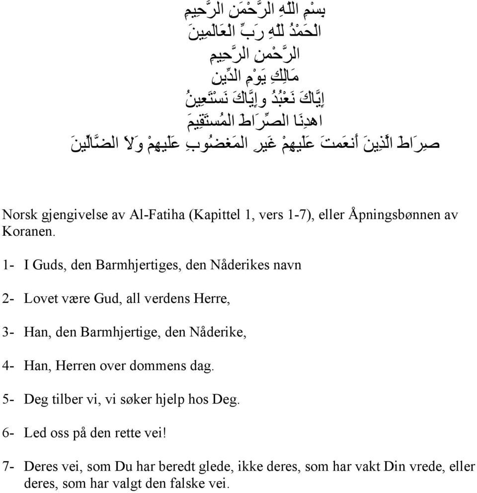 1- I Guds, den Barmhjertiges, den Nåderikes navn 2- Lovet være Gud, all verdens Herre, 3- Han, den Barmhjertige, den Nåderike, 4- Han, Herren over dommens dag.