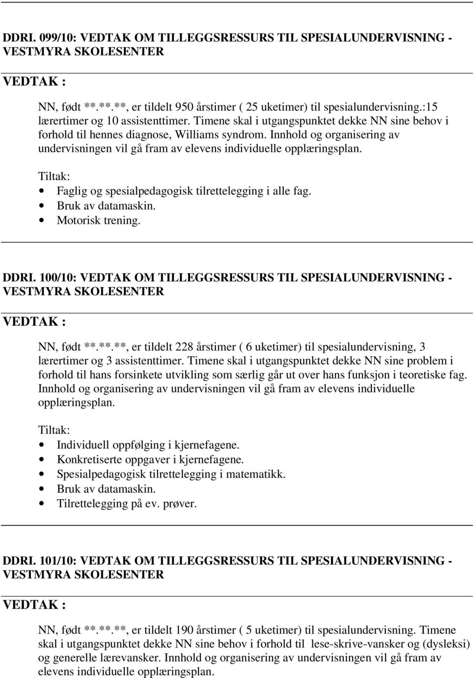 Innhold og organisering av undervisningen vil gå fram av elevens individuelle opplæringsplan. Tiltak: Faglig og spesialpedagogisk tilrettelegging i alle fag. Bruk av datamaskin. Motorisk trening.