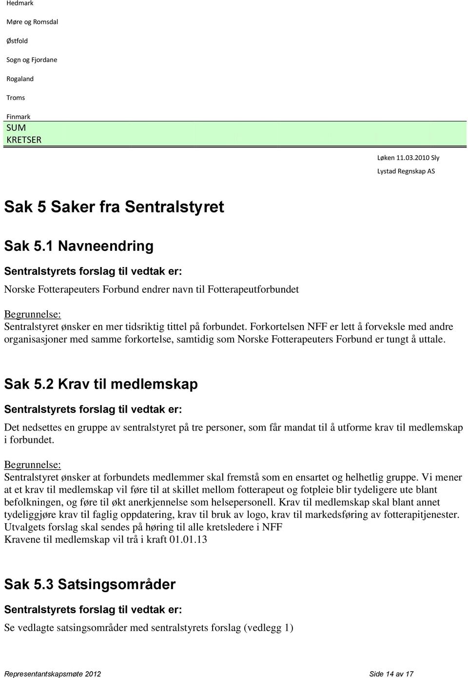 Forkortelsen NFF er lett å forveksle med andre organisasjoner med samme forkortelse, samtidig som Norske Fotterapeuters Forbund er tungt å uttale. Sak 5.