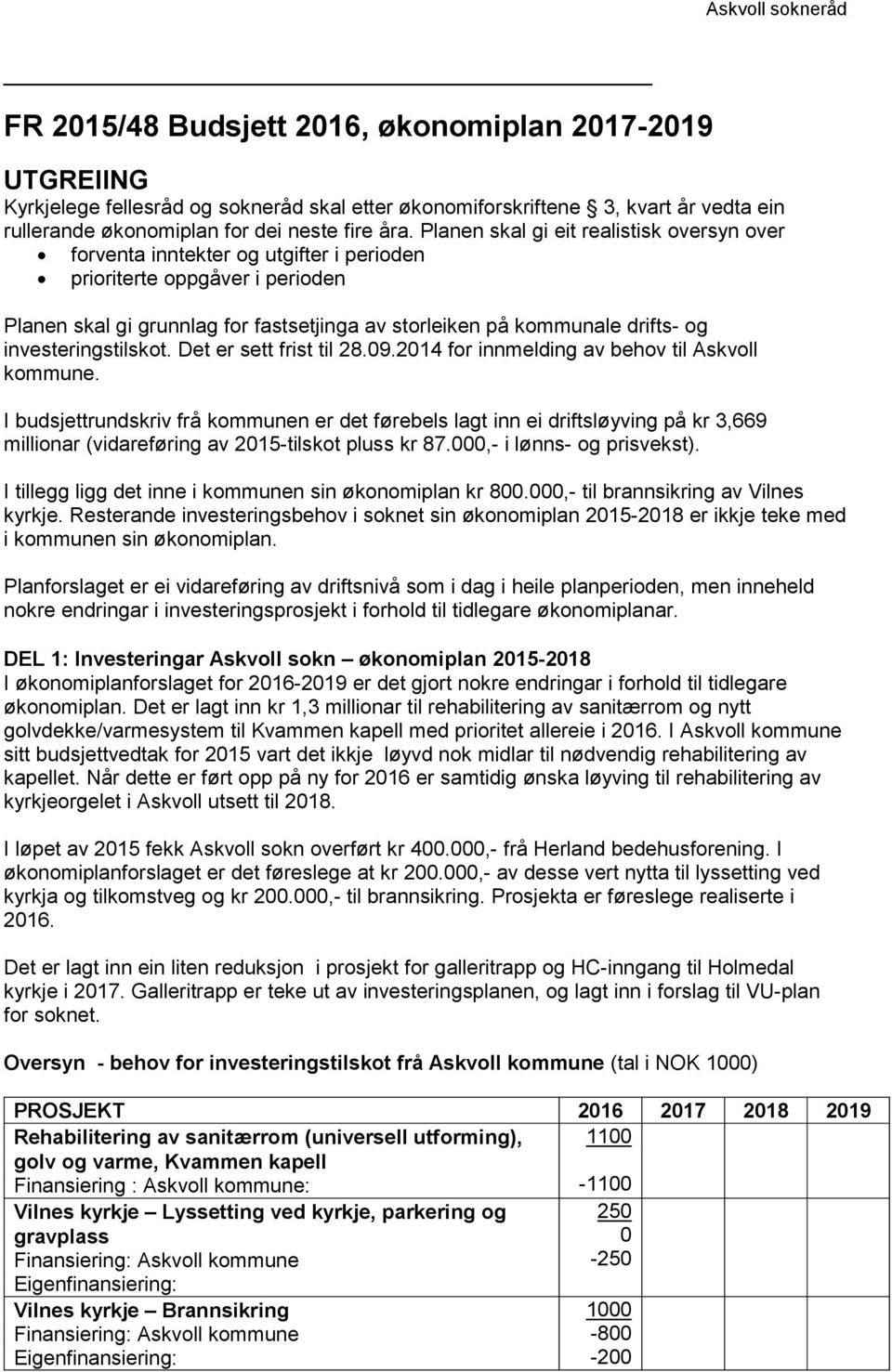 investeringstilskot. Det er sett frist til 28.09.2014 for innmelding av behov til Askvoll kommune.