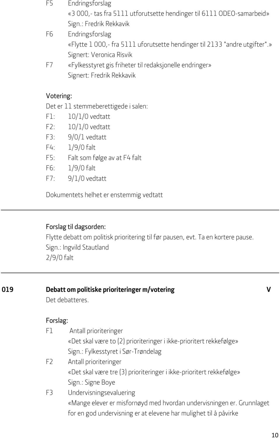 » Signert: Veronica Risvik «Fylkesstyret gis friheter til redaksjonelle endringer» Signert: Fredrik Rekkavik Votering: Det er 11 stemmeberettigede i salen: F1: 10/1/0 vedtatt F2: 10/1/0 vedtatt F3: