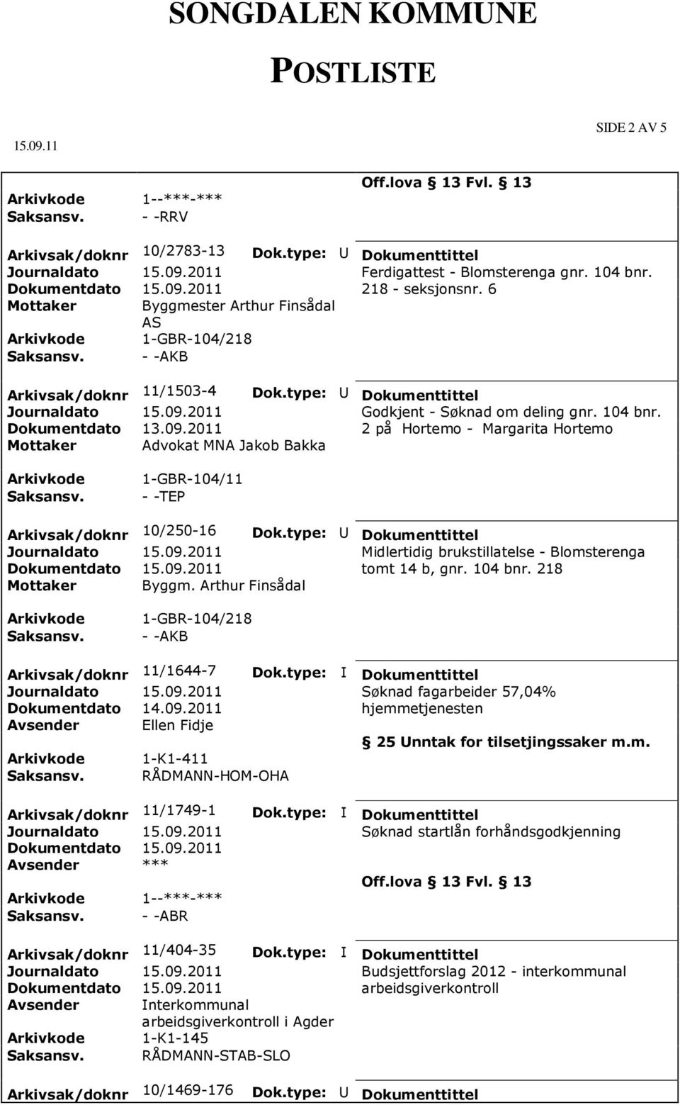 2 på Hortemo - Margarita Hortemo Mottaker Advokat MNA Jakob Bakka 1-GBR-104/11 - -TEP Arkivsak/doknr 10/250-16 Midlertidig brukstillatelse - Blomsterenga tomt 14 b, gnr. 104 bnr. 218 Mottaker Byggm.