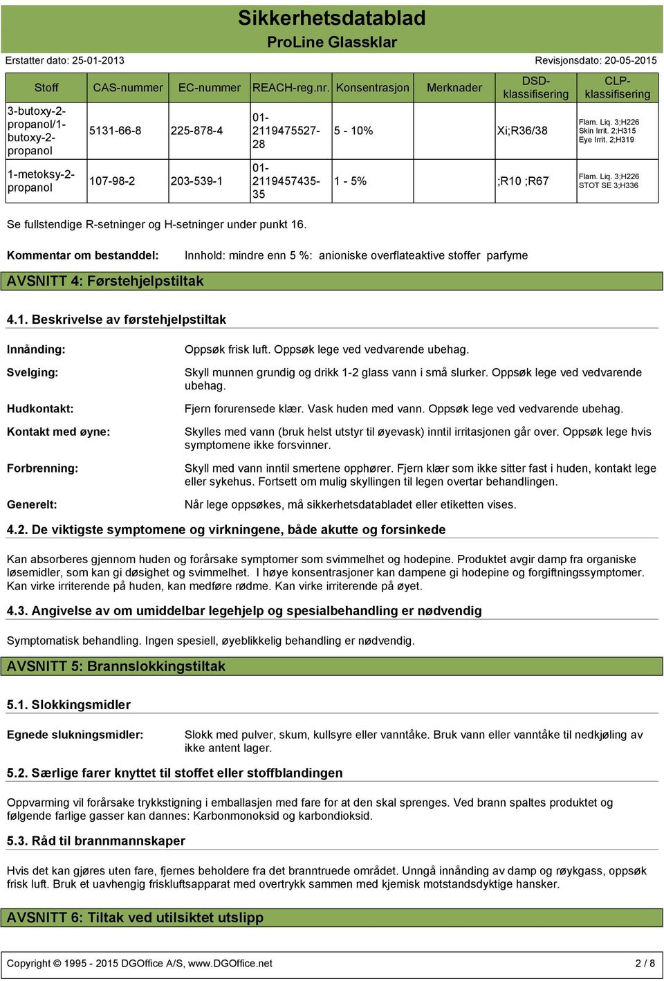 R-setninger og H-setninger under punkt 16. 5-10% Xi;R36/38 1-5% ;R10 ;R67 DSDklassifisering Flam. Liq.