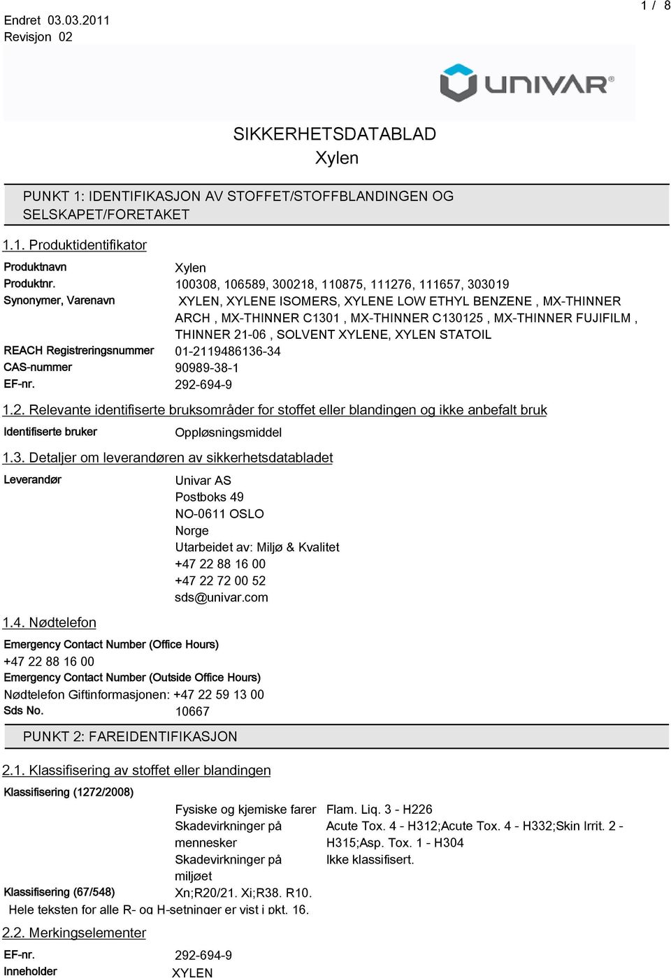 THINNER 21-06, SOLVENT XYLENE, XYLEN STATOIL REACH Registreringsnummer 01-211946136-34 CAS-nummer 9099-3-1 EF-nr. 292-694-9 1.2. Relevante identifiserte bruksområder for stoffet eller blandingen og ikke anbefalt bruk Identifiserte bruker Oppløsningsmiddel 1.