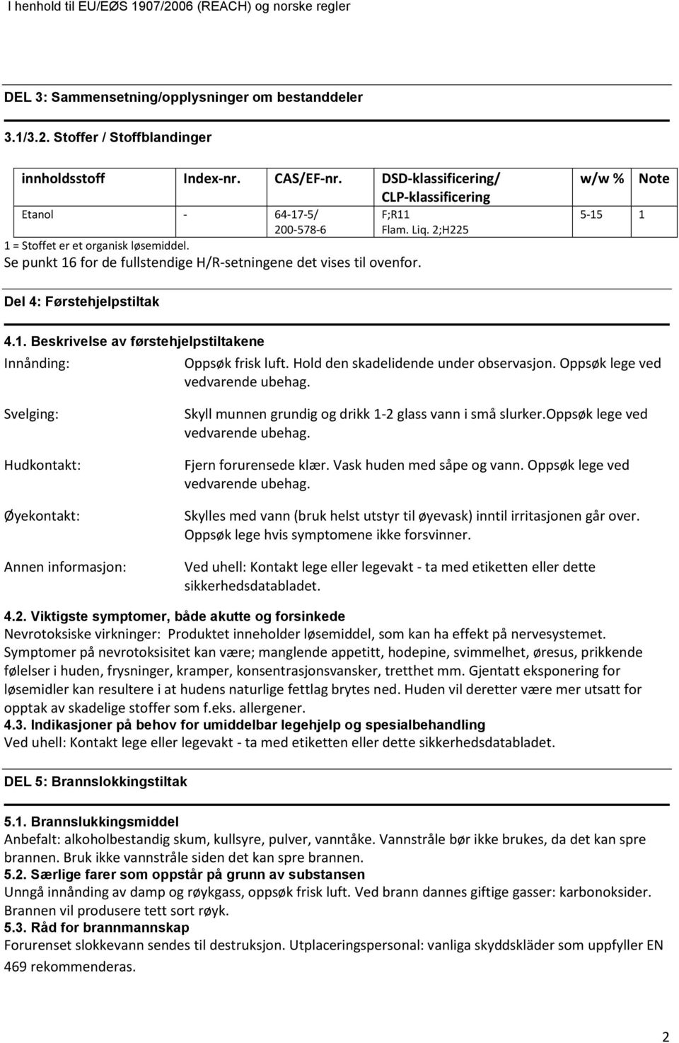 2;H225 w/w % 515 1 Note Del 4: Førstehjelpstiltak 4.1. Beskrivelse av førstehjelpstiltakene Innånding: Oppsøk frisk luft. Hold den skadelidende under observasjon. Oppsøk lege ved vedvarende ubehag.