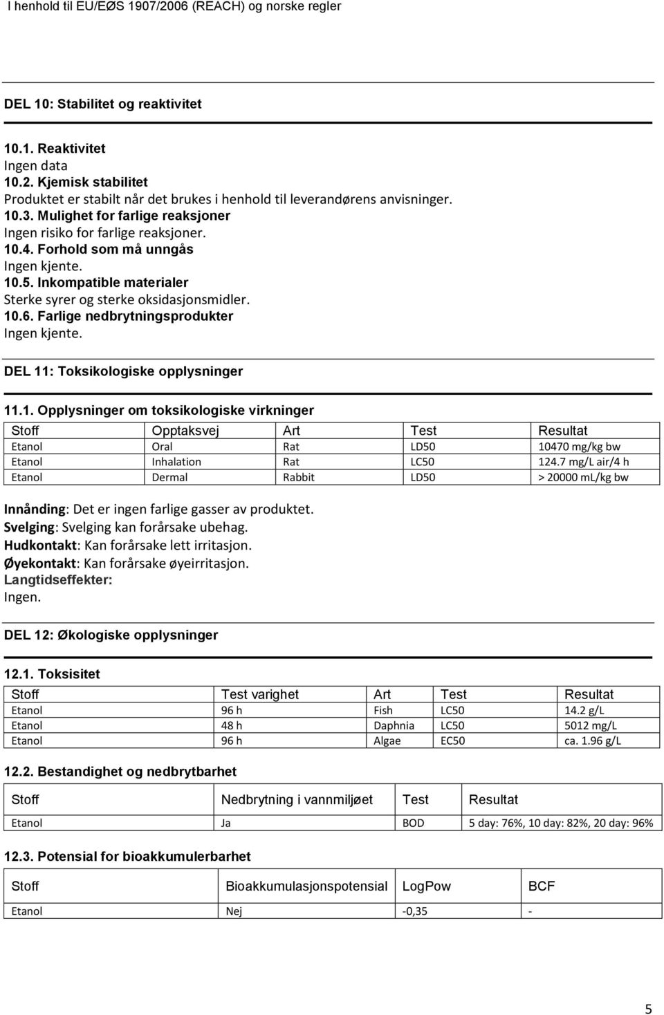 Farlige nedbrytningsprodukter Ingen kjente. DEL 11: Toksikologiske opplysninger 11.1. Opplysninger om toksikologiske virkninger Stoff Opptaksvej Art Test Resultat Etanol Oral Rat LD50 10470 mg/kg bw Etanol Inhalation Rat LC50 124.