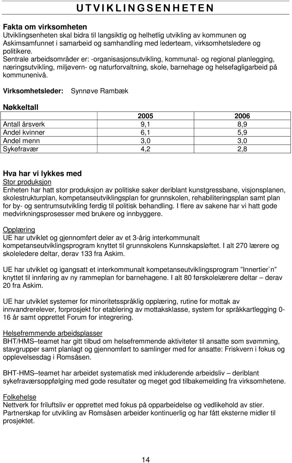 Virksomhetsleder: Synnøve Rambæk Nøkkeltall 2005 2006 Antall årsverk 9,1 8,9 Andel kvinner 6,1 5,9 Andel menn 3,0 3,0 Sykefravær 4,2 2,8 Hva har vi lykkes med Stor produksjon Enheten har hatt stor