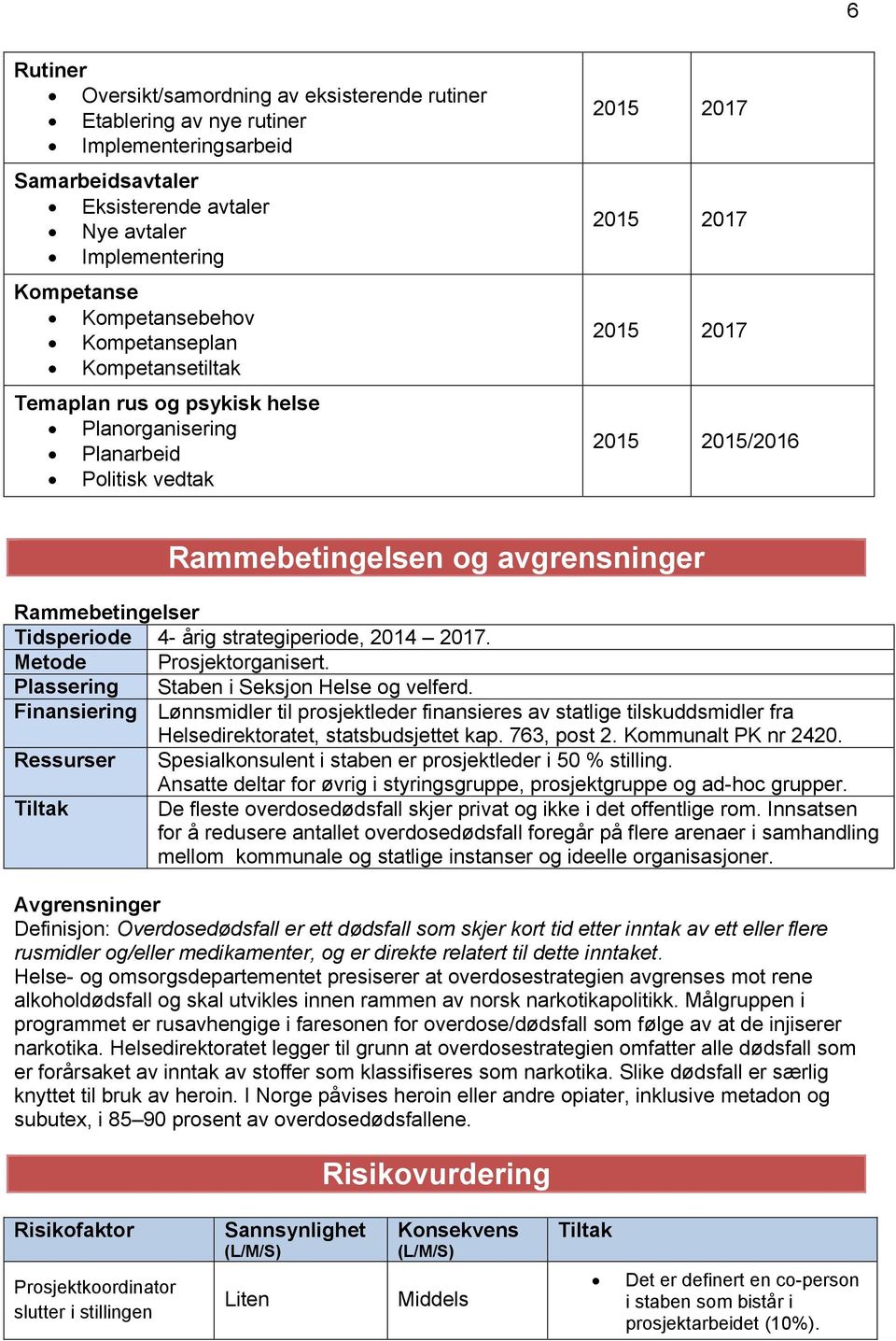 Rammebetingelsen og avgrensninger Rammebetingelser Tidsperiode 4- årig strategiperiode, 2014 2017. Metode Prosjektorganisert. Plassering Staben i Seksjon Helse og velferd.