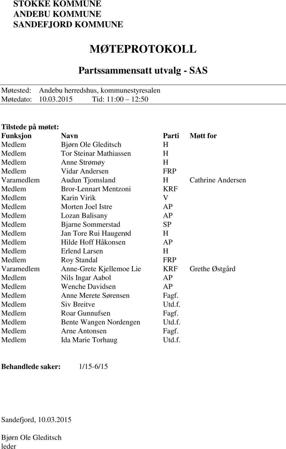 Tjomsland H Cathrine Andersen Medlem Bror-Lennart Mentzoni KRF Medlem Karin Virik V Medlem Morten Joel Istre AP Medlem Lozan Balisany AP Medlem Bjarne Sommerstad SP Medlem Jan Tore Rui Haugerød H