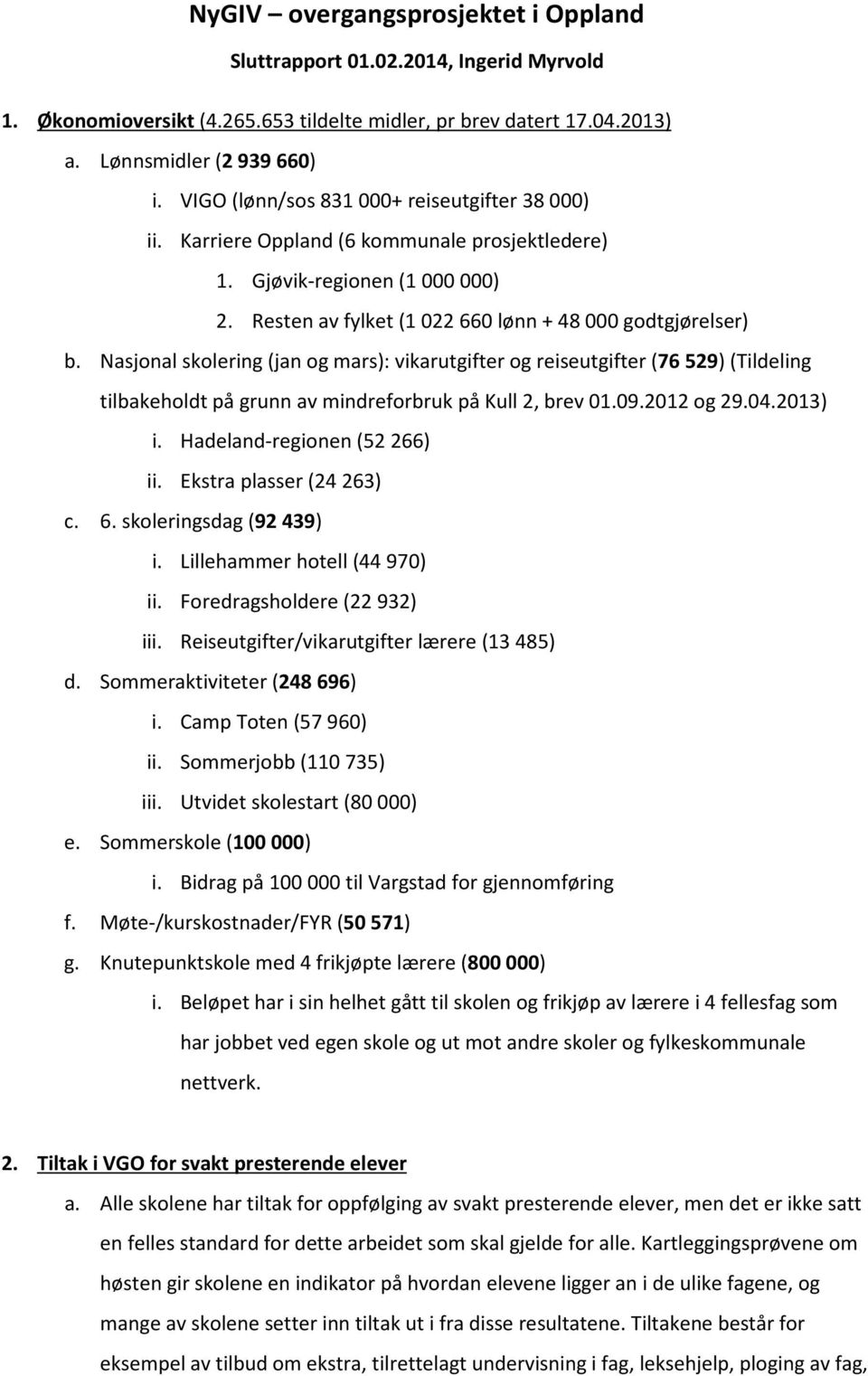 Nasjonal skolering (jan og mars): vikarutgifter og reiseutgifter (76 529) (Tildeling tilbakeholdt på grunn av mindreforbruk på Kull 2, brev 01.09.2012 og 29.04.2013) i. Hadeland-regionen (52 266) ii.