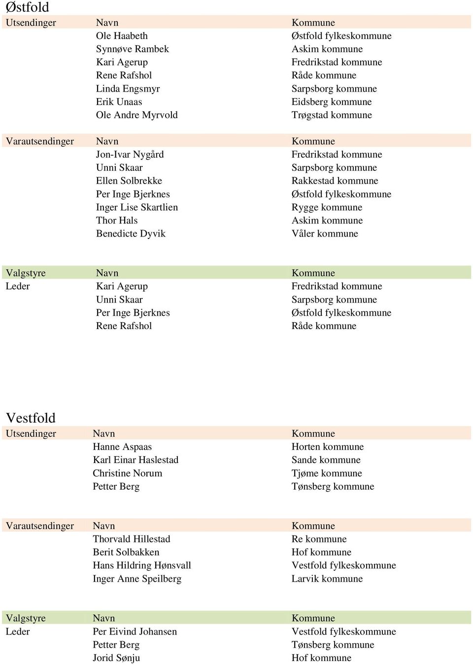 Thor Hals Askim kommune Benedicte Dyvik Våler kommune Leder Kari Agerup Fredrikstad kommune Unni Skaar Sarpsborg kommune Per Inge Bjerknes Østfold fylkeskommune Rene Rafshol Råde kommune Vestfold