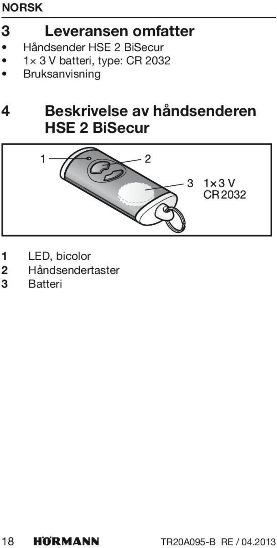 Beskrivelse av håndsenderen HSE 2 BiSecur 1 LED,