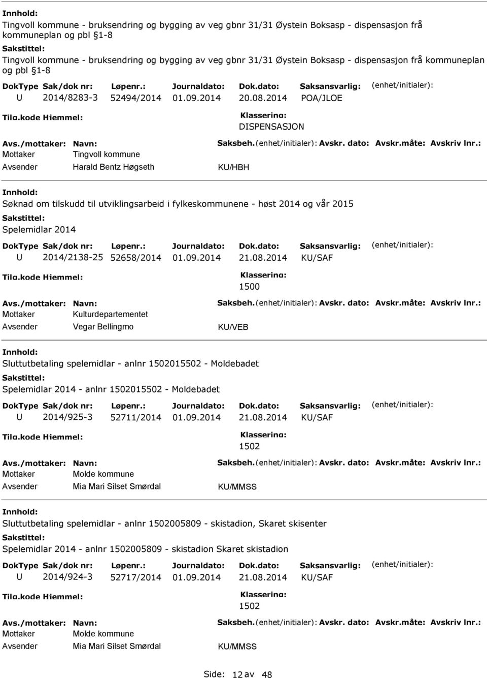 : Mottaker Tingvoll kommune Harald Bentz Høgseth K/HBH Søknad om tilskudd til utviklingsarbeid i fylkeskommunene - høst 2014 og vår 2015 Spelemidlar 2014 2014/2138-25 52658/2014 21.08.