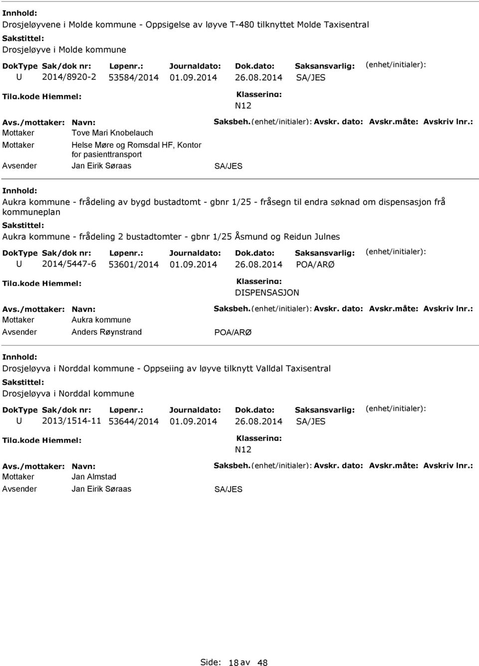 : Mottaker Tove Mari Knobelauch Mottaker Helse Møre og Romsdal HF, Kontor for pasienttransport Jan Eirik Søraas SA/JES Aukra kommune - frådeling av bygd bustadtomt - gbnr 1/25 - fråsegn til endra