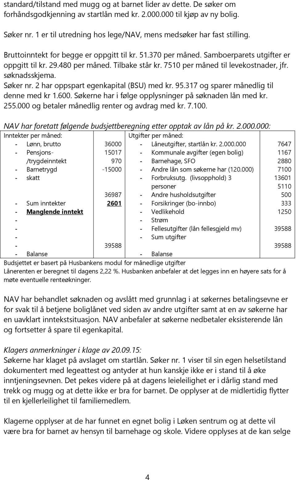 Tilbake står kr. 7510 per måned til levekostnader, jfr. søknadsskjema. Søker nr. 2 har oppspart egenkapital (BSU) med kr. 95.317 og sparer månedlig til denne med kr 1.600.