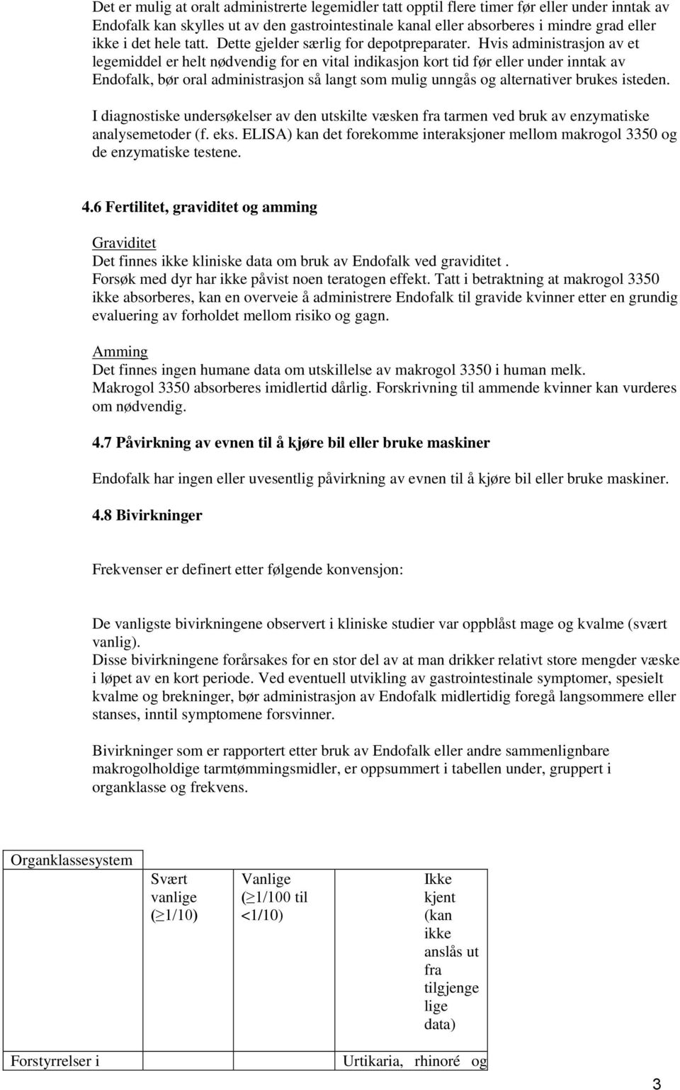 Hvis administrasjon av et legemiddel er helt nødvendig for en vital indikasjon kort tid før eller under inntak av Endofalk, bør oral administrasjon så langt som mulig unngås og alternativer brukes