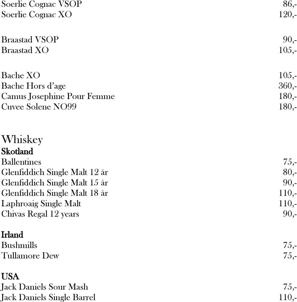 12 år 80,- Glenfiddich Single Malt 15 år 90,- Glenfiddich Single Malt 18 år 110,- Laphroaig Single Malt 110,- Chivas