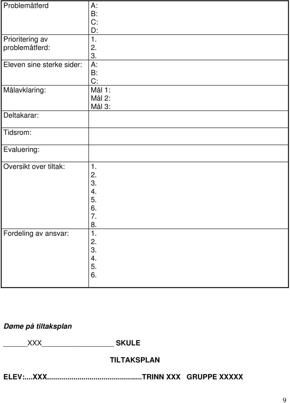 Tidsrom: Evaluering: Oversikt over tiltak: 1. 2. 3. 4. 5. 6. 7. 8.