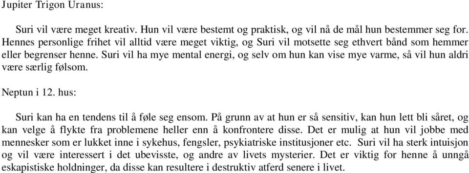 Suri vil ha mye mental energi, og selv om hun kan vise mye varme, så vil hun aldri være særlig følsom. Neptun i 12. hus: Suri kan ha en tendens til å føle seg ensom.