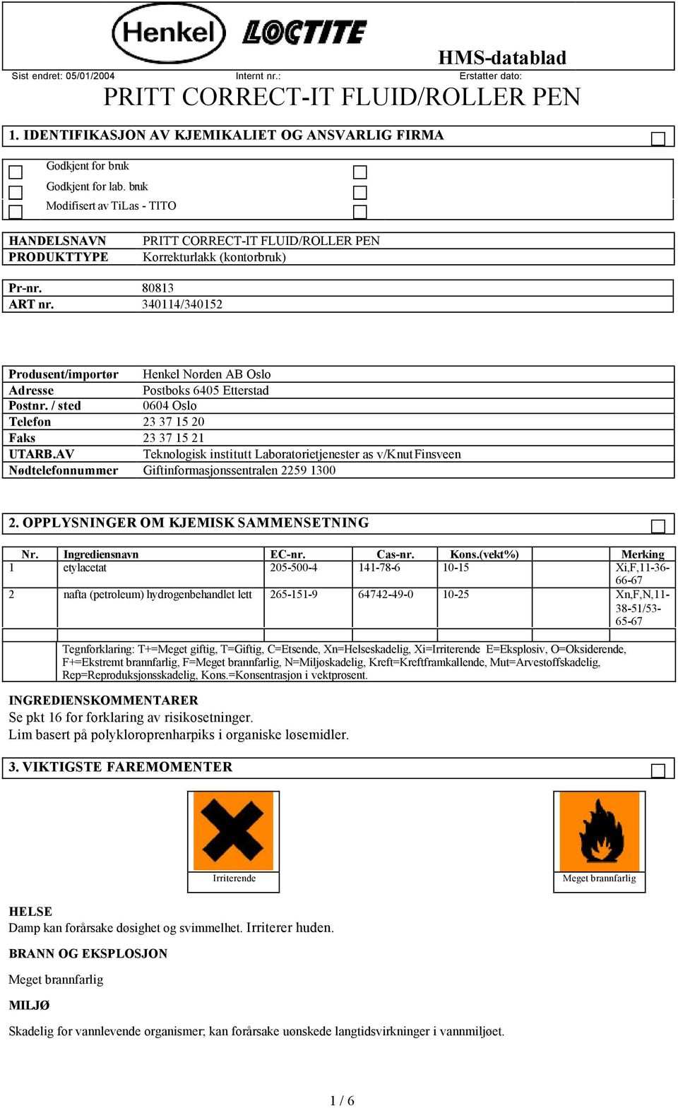 AV Teknologisk institutt Laboratorietjenester as v/knut Finsveen Nødtelefonnummer Giftinformasjonssentralen 2259 1300 2. OPPLYSNINGER OM KJEMISK SAMMENSETNING Nr. Ingrediensnavn EC-nr. Cas-nr. Kons.