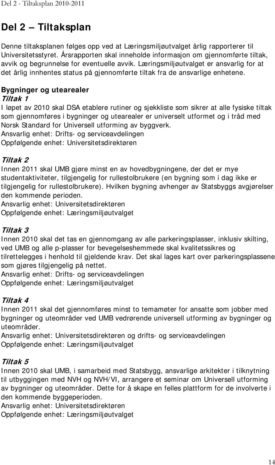 Læringsmiljøutvalget er ansvarlig for at det årlig innhentes status på gjennomførte tiltak fra de ansvarlige enhetene.