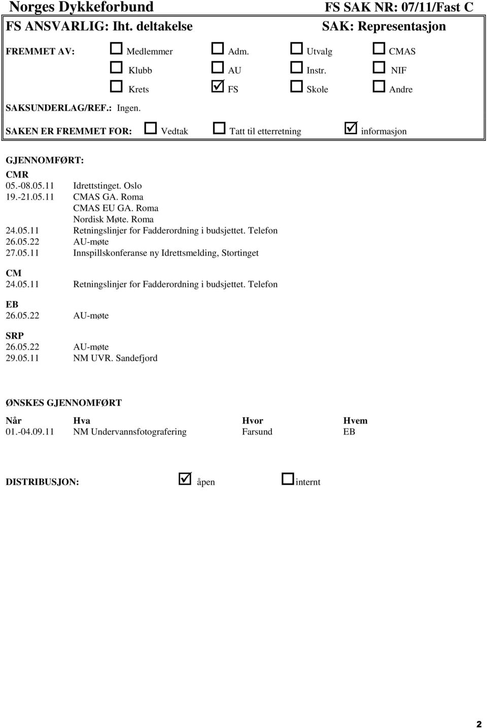 Telefon 26.05.22 AU-møte 27.05.11 Innspillskonferanse ny Idrettsmelding, Stortinget CM 24.05.11 Retningslinjer for Fadderordning i budsjettet. Telefon EB 26.05.22 AU-møte SRP 26.05.22 AU-møte 29.