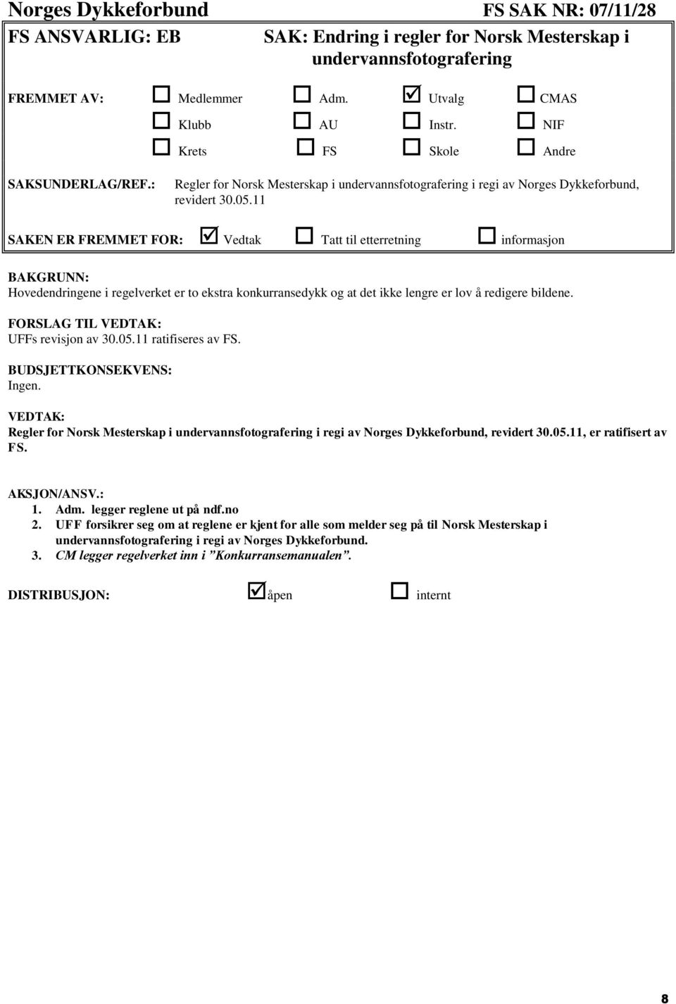 11 SAKEN ER FREMMET FOR: Vedtak Tatt til etterretning informasjon BAKGRUNN: Hovedendringene i regelverket er to ekstra konkurransedykk og at det ikke lengre er lov å redigere bildene.