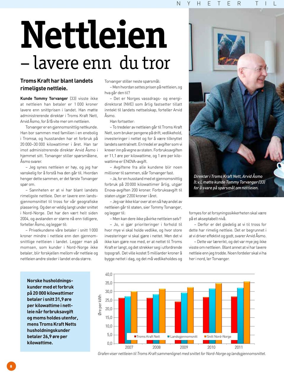 Han møtte administrerende direktør i Troms Kraft Nett, Arvid Åsmo, for å få vite mer om nettleien. Torvanger er en gjennomsnittlig nettkunde.