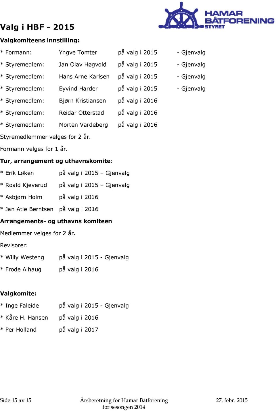 på valg i 2016 Styremedlemmer velges for 2 år. Formann velges for 1 år.