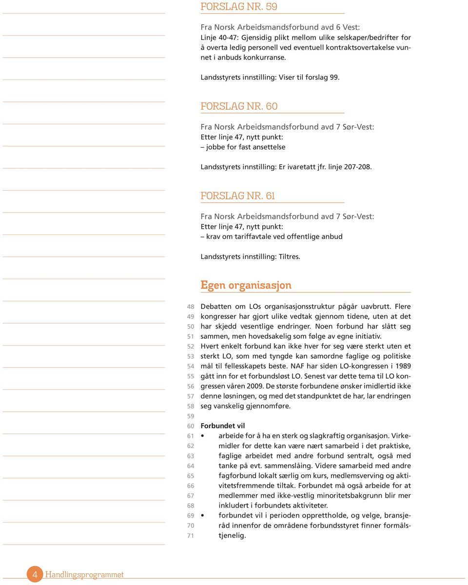 Landsstyrets innstilling: Viser til forslag 99.  60 Etter linje 47, nytt punkt: jobbe for fast ansettelse Landsstyrets innstilling: Er ivaretatt jfr. linje 207-208.