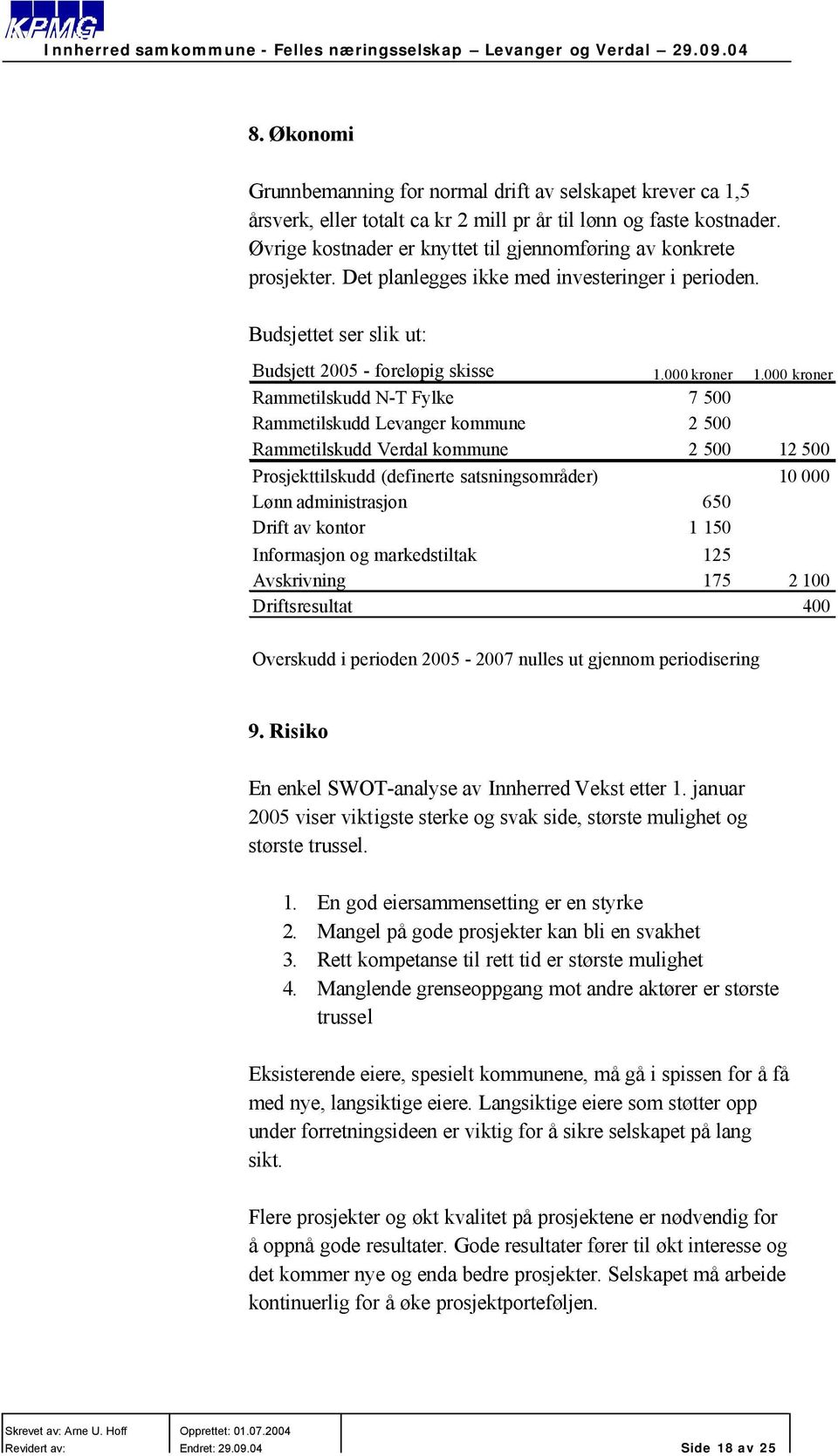 000 kroner Rammetilskudd N-T Fylke 7 500 Rammetilskudd Levanger kommune 2 500 Rammetilskudd Verdal kommune 2 500 12 500 Prosjekttilskudd (definerte satsningsområder) 10 000 Lønn administrasjon 650