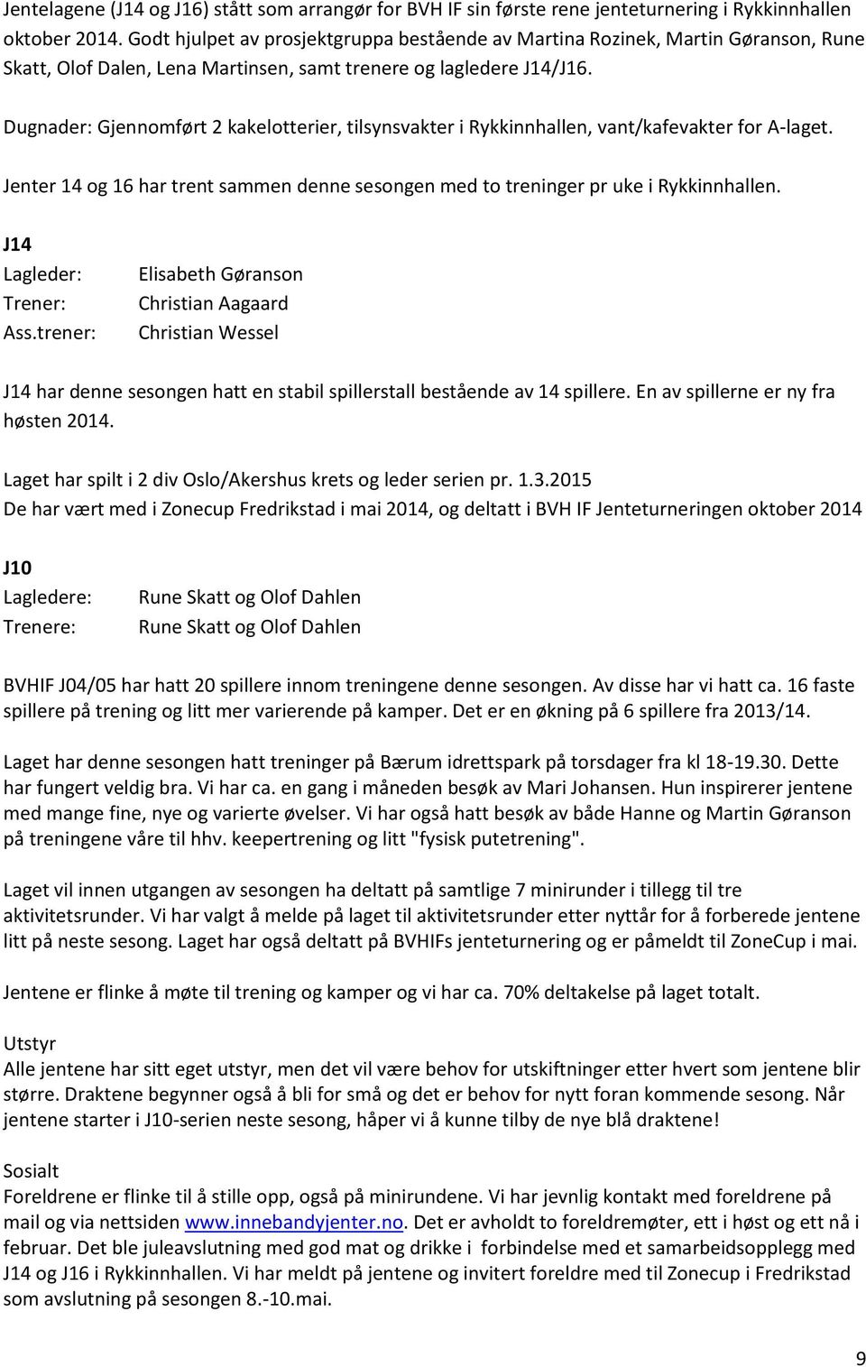 Dugnader: Gjennomført 2 kakelotterier, tilsynsvakter i Rykkinnhallen, vant/kafevakter for A-laget. Jenter 14 og 16 har trent sammen denne sesongen med to treninger pr uke i Rykkinnhallen.