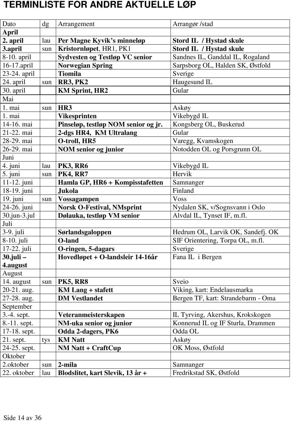 april Norwegian Spring Sarpsborg OL, Halden SK, Østfold 23-24. april Tiomila Sverige 24. april sun RR3, PK2 Haugesund IL 30. april KM Sprint, HR2 Gular Mai 1. mai sun HR3 Askøy 1.