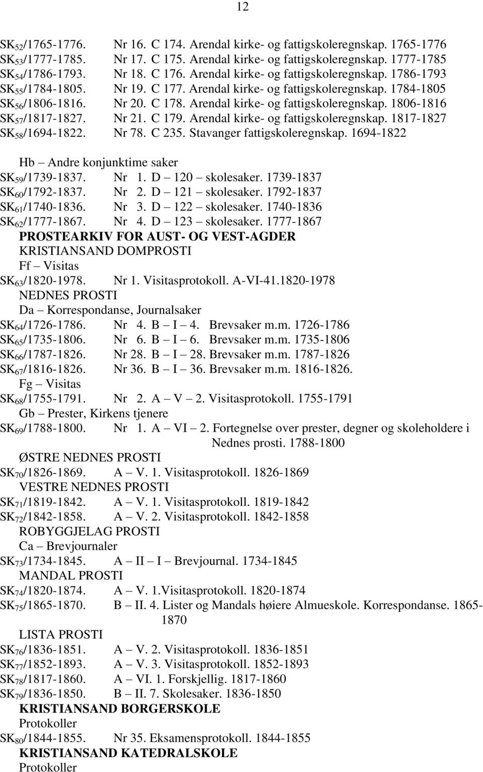 Nr 21. C 179. Arendal kirke- og fattigskoleregnskap. 1817-1827 SK 58 /1694-1822. Nr 78. C 235. Stavanger fattigskoleregnskap. 1694-1822 Hb Andre konjunktime saker SK 59 /1739-1837. Nr 1.