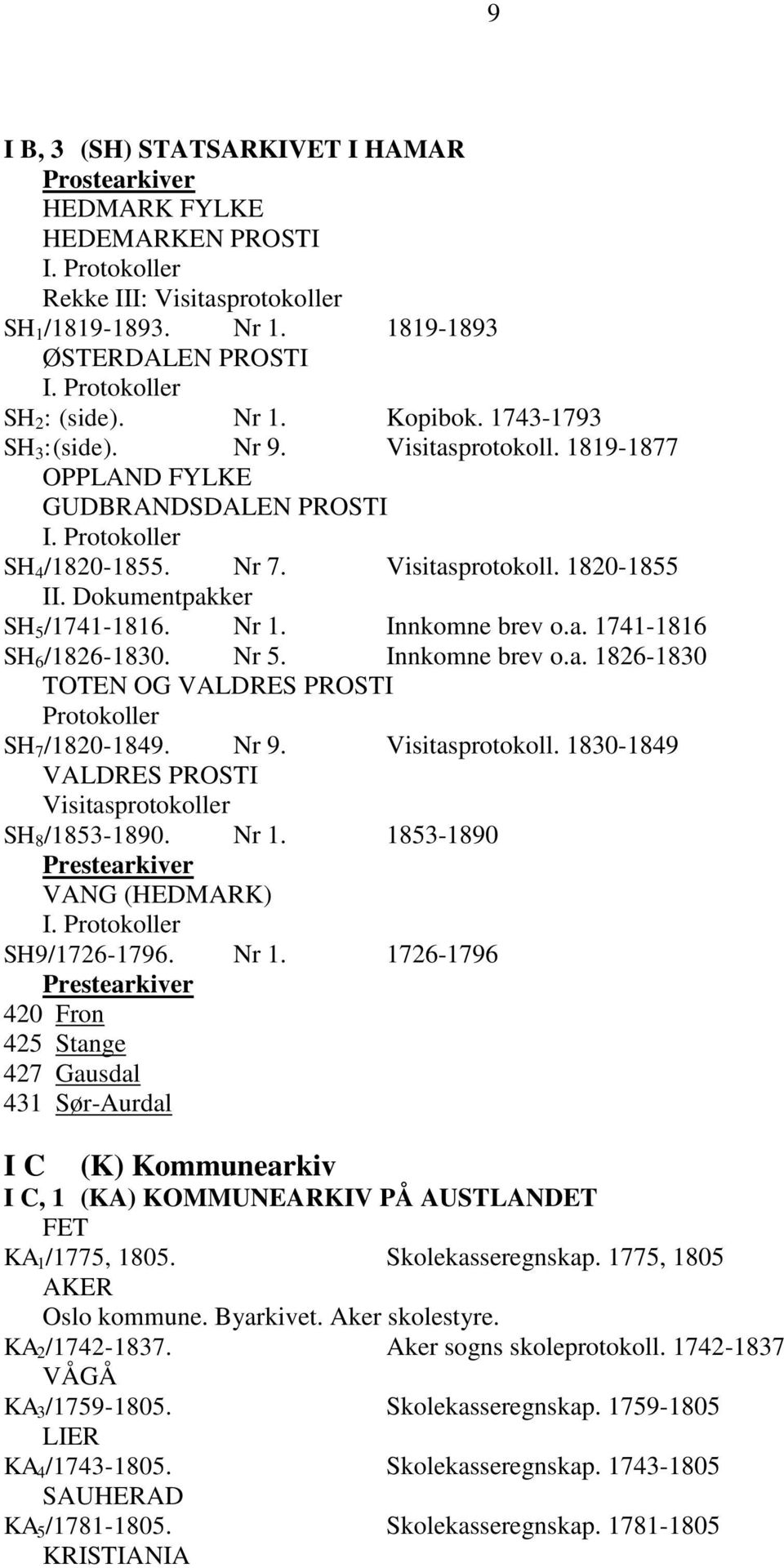 Dokumentpakker SH 5 /1741-1816. Nr 1. Innkomne brev o.a. 1741-1816 SH 6 /1826-1830. Nr 5. Innkomne brev o.a. 1826-1830 TOTEN OG VALDRES PROSTI Protokoller SH 7 /1820-1849. Nr 9. Visitasprotokoll.