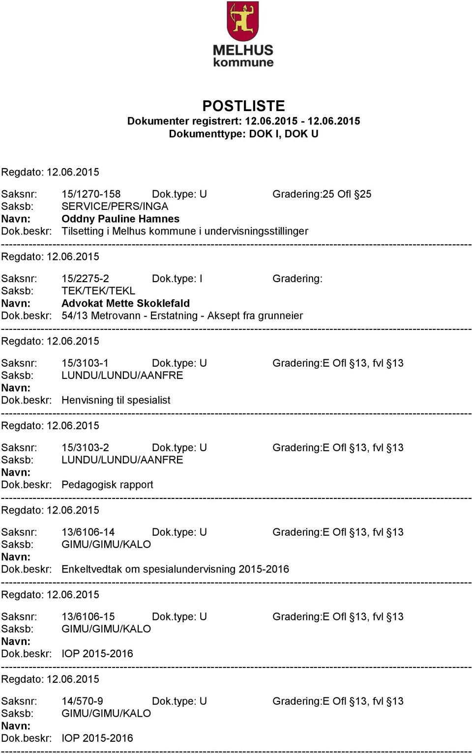 beskr: Henvisning til spesialist Saksnr: 15/3103-2 Dok.type: U Gradering:E Ofl 13, fvl 13 Dok.beskr: Pedagogisk rapport Saksnr: 13/6106-14 Dok.type: U Gradering:E Ofl 13, fvl 13 Dok.beskr: Enkeltvedtak om spesialundervisning 2015-2016 Saksnr: 13/6106-15 Dok.