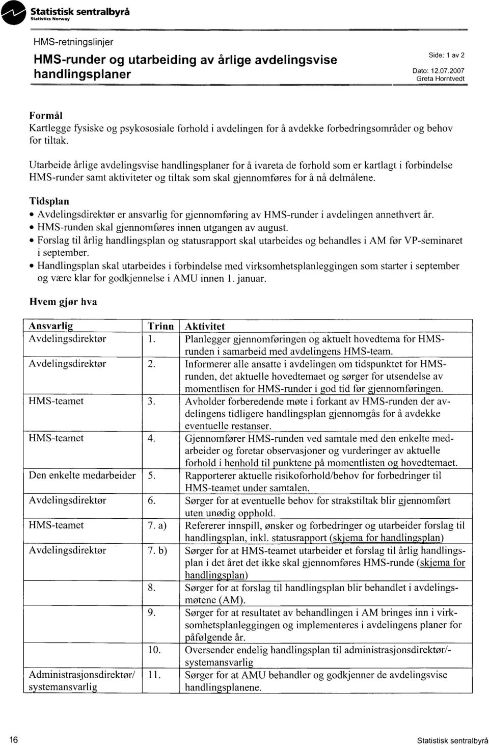 Tidsplan Avdelingsdirektør er ansvarlig for gjennomføring av HMS-runder i avdelingen annethvert år. HMS-runden skal gjennomføres innen utgangen av august.