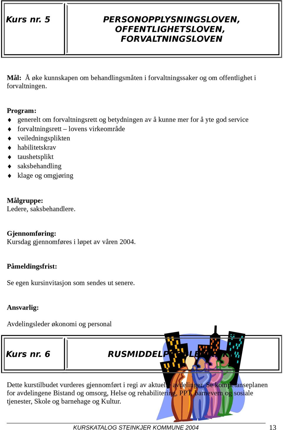 Ledere, saksbehandlere. Kursdag gjennomføres i løpet av våren 2004. Påmeldingsfrist: Se egen kursinvitasjon som sendes ut senere. Ansvarlig: Avdelingsleder økonomi og personal Kurs nr.