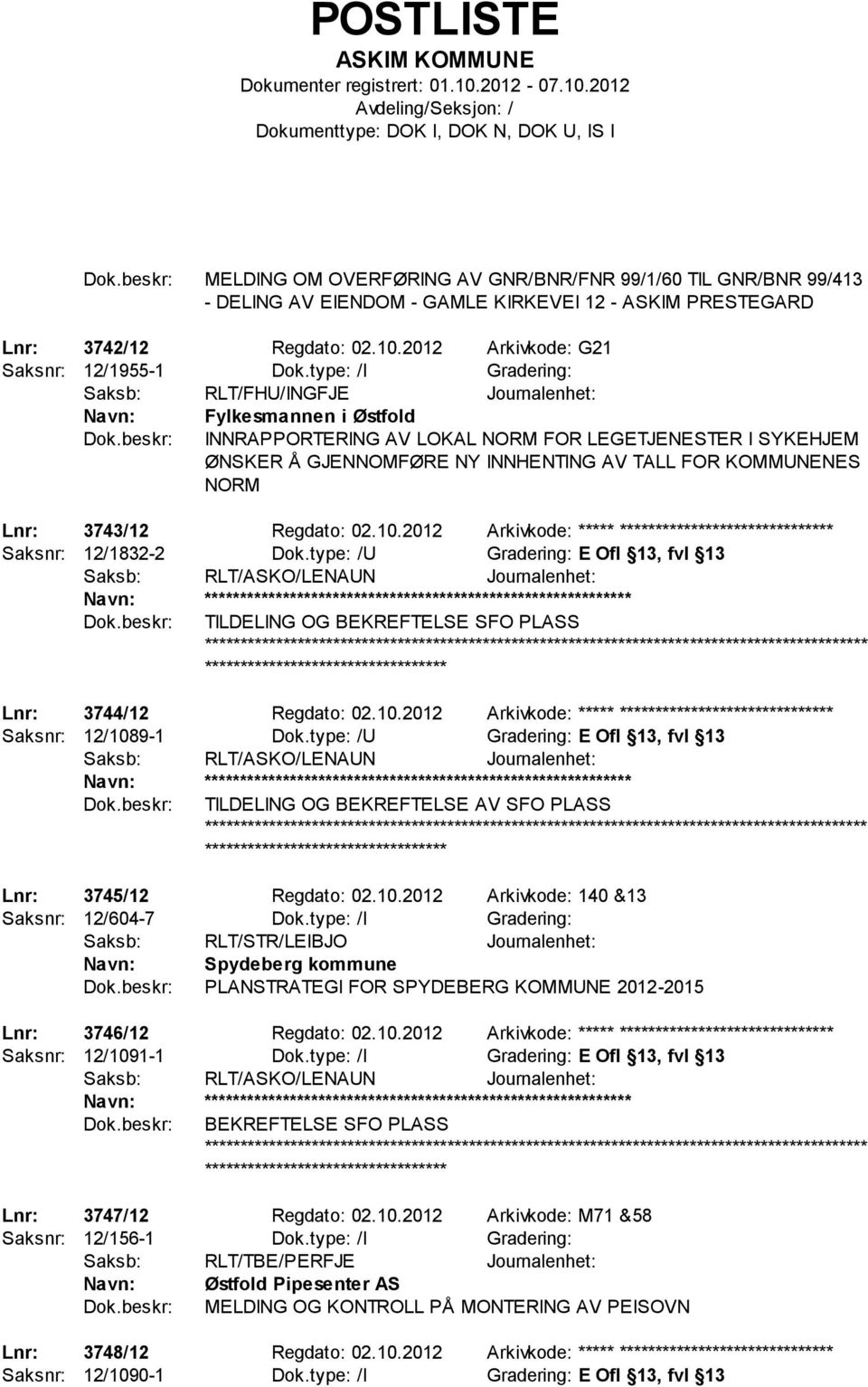 NORM Lnr: 3743/12 Regdato: 02.10.2012 Arkivkode: ***** ****************************** Saksnr: 12/1832-2 Dok.